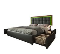 SogesPower Estructura de cama de 140 x 200 cm con LED RGB y 4 cajones fijables, cabecero de altura ajustable, piel sintética de poliuretano negro, láminas antideslizantes + 2 paquetes de entrega, sin