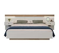 SogesPower Juego completo de cama flotante para cama doble con somier de láminas de circulación de aire, se entrega en 3 paquetes (marco + 2 mesitas de noche), diseño rústico en roble Sonoma/blanco