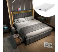 SogesPower Moderna cama juvenil con 4 puertos USB, LED controlado por aplicación y cajones, cama doble de 160 x 200 cm, marco de cama gris con somier de listones de madera (colchón incluido)