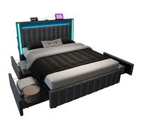 SogesPower Smart Home - Estructura de cama con control de aplicación: USB C/3 puertos USB de carga, LED de 16 colores, 4 cajones de 140 x 200 cm, somier de listones de madera redondeado de seguridad