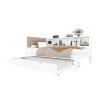 SogesPower Sofá cama de 90 x 200 cm en pino blanco con función de cama extraíble, iluminación LED regulable, estación de carga USB, sofá ortopédico con confort de 7 zonas