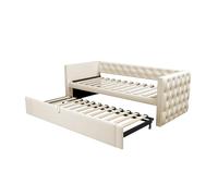 SogesPower Sofá cama extensible de 90 x 200 cm, color beige, mueble multifuncional 2 en 1 como sofá y cama de invitados, aspecto clásico de botones, estructura de acero estable