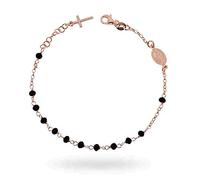 Sogni d'argento Pulsera Rosario para mujer de plata 925 % bañada en oro blanco, amarillo y rosa y perlas ónix negro con detalles de cruz colgante y Virgen. Longitud ajustable hasta 21 cm. oro rosa