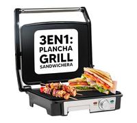 SOGO Grill y Sandwichera profesional de bajo consumo 2000W con Placas Lisas Antiadherentes y Apertura 180° - Plancha Eléctrica Multiuso para Paninis, Carnes y Pescados