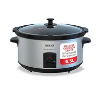 Sogo Olla de Cocción Lenta 5,5L con 3 Funciones de Cocción - Olla Eléctrica de Cocción con Tapa de Cristal Templado para Control - Olla para Cocinar Apta para Lavavajillas con Asa de Tacto Frío