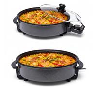 SOGO Sartén Paellera Eléctrica 1500W con Tapa de Cristal Reforzado, Recubrimiento Antiadherente, Ø Interior 30 cm, Profundidad 5 cm, Termostato Ajustable hasta 240°C, Sin PFOA, para Cocina y Paellas