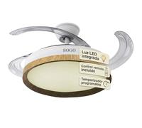 SOGO Ventilador de Techo Plegable con Luz LED, 3 Aspas Color Madera, Función Reversible Verano/Invierno, Mando a Distancia, Temporizador, Motor Silencioso, 3 Velocidades, para Dormitorio Salón y Hogar
