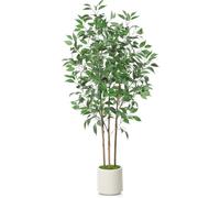 SOGUYI Plantas Artificiales Ficus de 150 cm Plantas Artificiales Decorativas del Hogar, Planta de Suelo Falsa en Macetero de Cerámica de Imitación Blanca con Musgo Falso Verde(1 Piezas)
