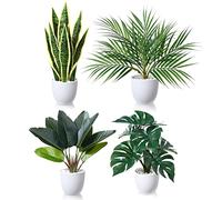 SOGUYI Plantas Artificiales Interior 40cm Sansevieria/Areca Palm/Bird of Paradise/Tropical Monstera Potted Decorativas Plantas para Hogar Oficina Modernos Decoración(4 Piezas)