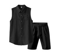 Sohodoo Conjunto de 2 piezas de lino de algodón for hombre, camisa sin mangas con botones, pantalones cortos casuales, ropa de vacaciones en la playa de verano(D,XXL)