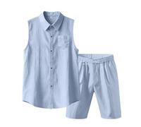 Sohodoo Conjunto de 2 piezas de lino de algodón for hombre, camisa sin mangas con botones, pantalones cortos casuales, ropa de vacaciones en la playa de verano(A,XL)