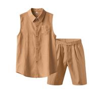 Sohodoo Conjunto de 2 piezas de lino de algodón for hombre, camisa sin mangas con botones, pantalones cortos casuales, ropa de vacaciones en la playa de verano(B,XL)