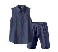 Sohodoo Conjunto de 2 piezas de lino de algodón for hombre, camisa sin mangas con botones, pantalones cortos casuales, ropa de vacaciones en la playa de verano(H,XXL)