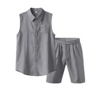 Sohodoo Conjunto de 2 piezas de lino de algodón for hombre, camisa sin mangas con botones, pantalones cortos casuales, ropa de vacaciones en la playa de verano(C,M)