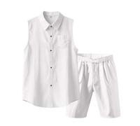 Sohodoo Conjunto de 2 piezas de lino de algodón for hombre, camisa sin mangas con botones, pantalones cortos casuales, ropa de vacaciones en la playa de verano(G,XXL)