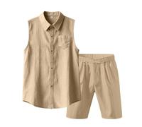 Sohodoo Conjunto de 2 piezas de lino de algodón for hombre, camisa sin mangas con botones, pantalones cortos casuales, ropa de vacaciones en la playa de verano(F,XXL)