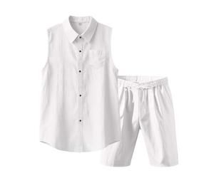 Sohodoo Conjunto de 2 piezas de lino de algodón for hombre, camisa sin mangas con botones, pantalones cortos casuales, ropa de vacaciones en la playa de verano(G,XXL)