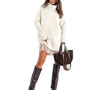 Sohodoo Elegante Vestido Tipo suéter con Cuello Alto y Ribete de Encaje, Informal, de Punto Suave for Mujer, Perfecto for Citas, Oficina, Temporada navideña(White,XXL)