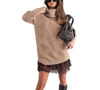 Sohodoo Vestido Tipo suéter de Cuello Alto de Punto Suave con Elegante Ribete de Encaje, Minivestido Informal Acogedor for Mujer, otoño Invierno(Khaki,M)