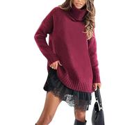 Sohodoo Vestido Tipo suéter de Cuello Alto de Punto Suave con Elegante Ribete de Encaje, Minivestido Informal Acogedor for Mujer, otoño Invierno(Rose Red,XXL)