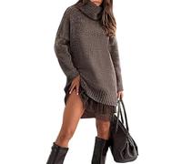 Sohodoo Vestido Tipo suéter de Cuello Alto de Punto Suave con Elegante Ribete de Encaje, Minivestido Informal Acogedor for Mujer, otoño Invierno(Brown,S)