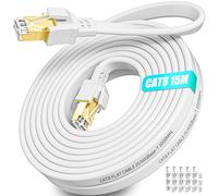 Soibke Cable Ethernet 15 metros, Cable de Red Cat 8 Alta Velocidad Blindado FTP 40Gbps 2000MHz Blanco Cable Lan 15m, Gigabit Cabl de Internet Plano Impermeable para Rúter Módem (15 Clips)