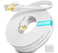 Soibke Cable Ethernet 20 Metros, Cable de Red Blindado FTP Cat 8 Alta Velocidad 40Gbps 2000MHz Blanco Cable Lan 20m, Gigabit Cable RJ45 20 Metros Plano Impermeable para Rúter Módem (20 Clips)