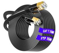 Soibke Cat 7 Cable Ethernet 15 metros Blindado, Plano Cable de Red Alta Velocidad, RJ45 15m Cable - 10Gbit/s 600MHz, Resistente Al Agua, S/FTP, Cable Internet LAN para Router Switch Módem (15 Clips)