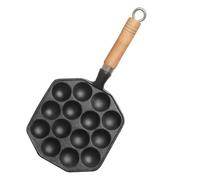 SOIMISS Molde para Takoyaki de Hierro Fundido 14 Agujeros, Bandeja para Hornear Antiadherente Mango de Madera, Herramienta de Cocina DIY para Panqueques y Albóndigas, Uso Doméstico