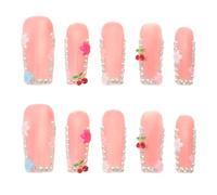 SOIMISS Uñas Postizas a Presión M Diseño 3d de Flores y Gemas de Imitación de Cereza, Cobertura Total, 10 Piezas Decorativas para Mujer, Arte de Uñas para Fiestas y Uso Diario
