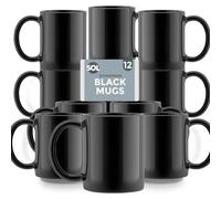 SOL Juego de 12 tazas de cerámica negras de 11 onzas para té y café, juego de vasos duraderos para el hogar, oficina, cafetería, restaurante, diseño apilable, apto para microondas y lavavajillas, apto