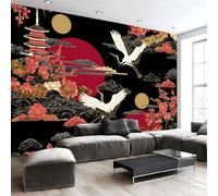 Sol Rojo, Grullas Y Patrones Nubes. Papel Pintado Impreso En 3D, 150 X 105 Cm Pared Papel Pintado, Estilo Tradicional Japonés Decoración De Paredes Para Salón Dormitorio Pasillo Comedor, Rojo