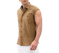 Solapa Camisa Hombre Verano Novedad Color Sólido Camiseta Sin Mangas Hombre Ligeras Transpirables Casuales Camisas Botón Placket Sin Mangas Camisa con Bolsillo Lino Camisa Hombre C-Khaki L