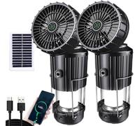 Solar Camping Lantern with Fan, 5-in-1 Portable Solar Fan and LED Camping Lantern, Portable Solars Outdoor Campings Lanterns, Light & Power Bank for Power Outage, Hiking, Tent (Black*2)