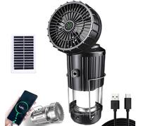 Solar Camping Lantern with Fan, 5-in-1 Portable Solar Fan and LED Camping Lantern, Portable Solars Outdoor Campings Lanterns, Light & Power Bank for Power Outage, Hiking, Tent (Black)