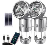 Solar Camping Lantern with Fan, 5-in-1 Portable Solar Fan and LED Camping Lantern, Portable Solars Outdoor Campings Lanterns, Light & Power Bank for Power Outage, Hiking, Tent (Silver*2)
