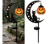 Solar Halloween Black Cat & Pumpkin Moon Garden Stake Light, Waterproof LED Metal Crescent Moon Yard Decor with Hanging Jack-o'-Lantern, Outdoors Fall Decor for Patio,Lawn,Pathway
