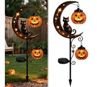 Solar Halloween Black Cat & Pumpkin Moon Garden Stake Light, Waterproof LED Metal Crescent Moon Yard Decor with Hanging Jack-o'-Lantern, Outdoors Fall Decor for Patio,Lawn,Pathway