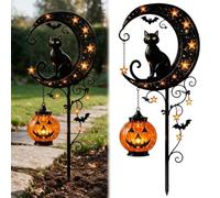 Solar Halloween Black Cat & Pumpkin Moon Garden Stake Light, Waterproof LED Metal Crescent Moon Yard Decor with Hanging Jack-o'-Lantern, Outdoors Fall Decor for Patio,Lawn,Pathway