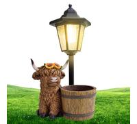 Solar Powered Floor Lamp - Flower Pot Planter With Highland Cow | Outdoor Garden Patio Courtyard Light | Front Porch Back Door Decoration, Solar Lantern Statue