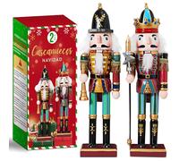 Soldado Cascanueces de 30 cm de Madera para Decoración Navideña de Chimenea - Pack de 2 Figuras de Cascanueces para Interior - Adornos de Navidad (Verde)
