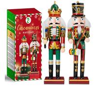 Soldado Cascanueces de 30 cm de Madera para Decoración Navideña de Chimenea - Pack de 2 Figuras de Cascanueces para Interior - Adornos de Navidad (Verde)