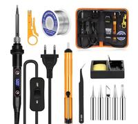 Soldador de estaño 80W Kit 13 en 1, Pantalla LED Temperatura Ajustable 180-500℃, Interruptor On/Off, 5 Puntas, Hilo de Soldadura Bomba Desoldadora Soporte Pinzas para Reparaciones Eléctricas y Hogar