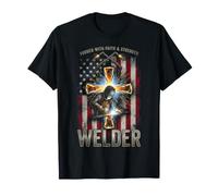 Soldador Forjado con fe y Fuerza Cruz de Bandera Estadounidense Camiseta