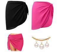 Soleeya 2 Piezas Corto Falda Pareos Playa Mujer 50x140cm, Cubierta Sarong Pareo Playa para Mujer con Broche, Pareo de Playa de Gasa de Bañador para Piscina Vacaciones (Rose&Negro)