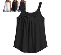 Solid Color Pleated Tank Top with Built in Bra Flowy Summer Tops for Women (Black,XXL)