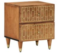 Solid Mango Wood Nightstand 40x33x46 cm with 2 Drawers, Hand Carved Floral Design, Vintage Bedside Table for Bedroom, Sturdy Iron Legs, Honey Brown Finish, Retro Home Decor Furniture