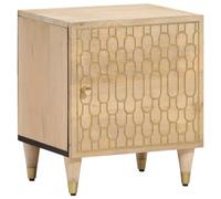 Solid Mango Wood Nightstand 40x33x46 cm with Hand Carved Design, Retro Bedside Table with Storage Door and Wooden Legs for Bedroom Decor, Vintage End Table for Living Room
