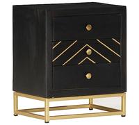 Solid Mango Wood Nightstand Black and Gold Finish 40x30x50cm with 3 Drawers - Handmade Vintage Bedside Table for Bedroom Decor - Sturdy Retro Style Furniture