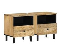 Solid Mango Wood Nightstand Set of 2, 40x33x46 cm Bedside Table with Drawer & Shelf, Elegant Rustic Bedroom Furniture, Sturdy Iron Legs, Natural Wood Grain Finish for Home Decor